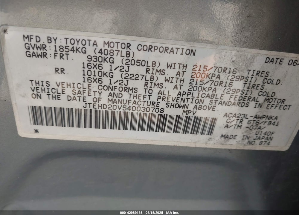 2004 TOYOTA RAV4 VIN: JTEHD20V540030708