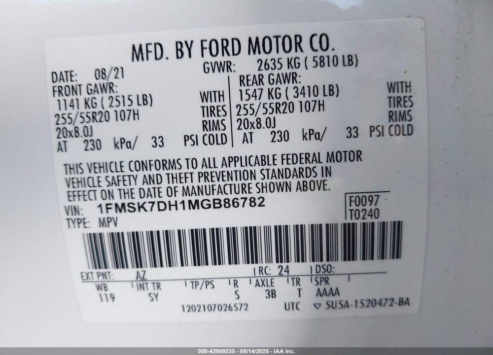 2021 FORD EXPLORER VIN: 1FMSK7DH1MGB86782