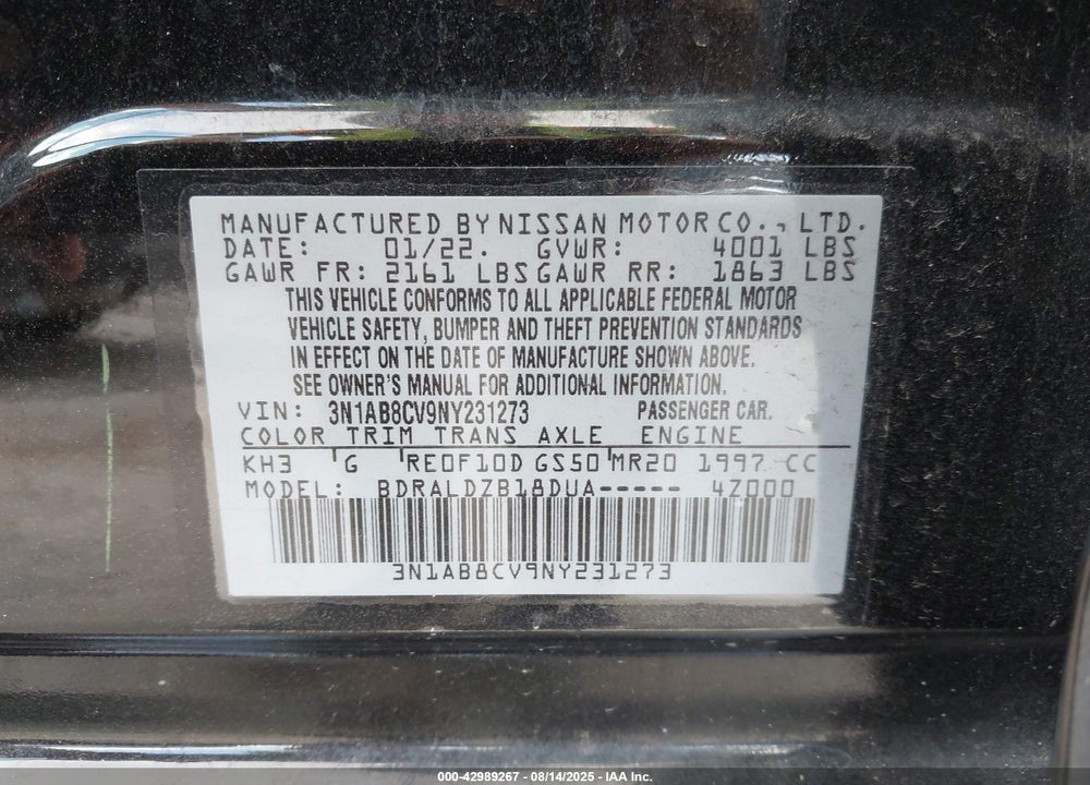2022 NISSAN SENTRA VIN: 3N1AB8CV9NY231273
