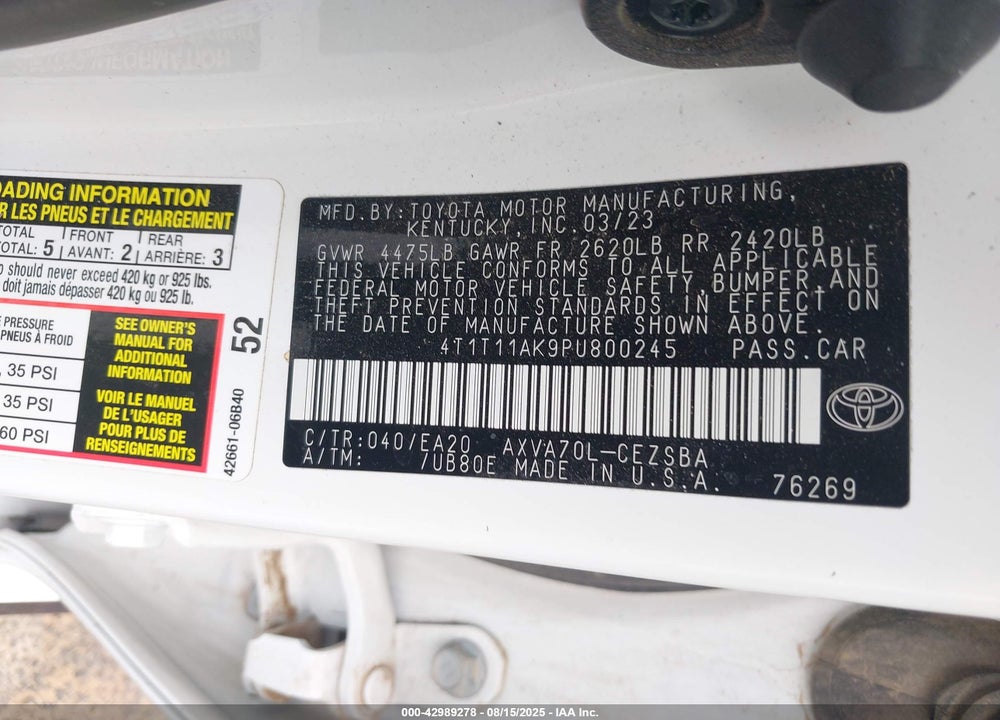 2023 TOYOTA CAMRY VIN: 4T1T11AK9PU800245