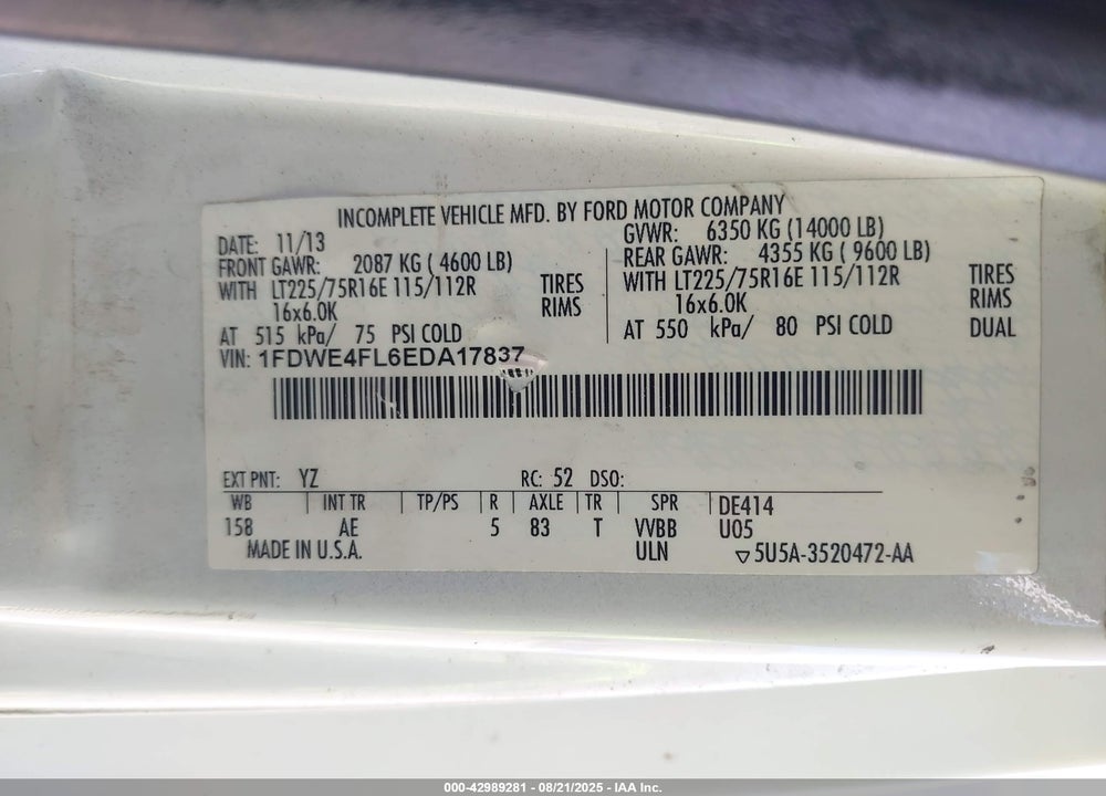 2014 FORD ECONOLINE E450 SUPER DUTY CUTWY VAN VIN: 1FDWE4FL6EDA17837