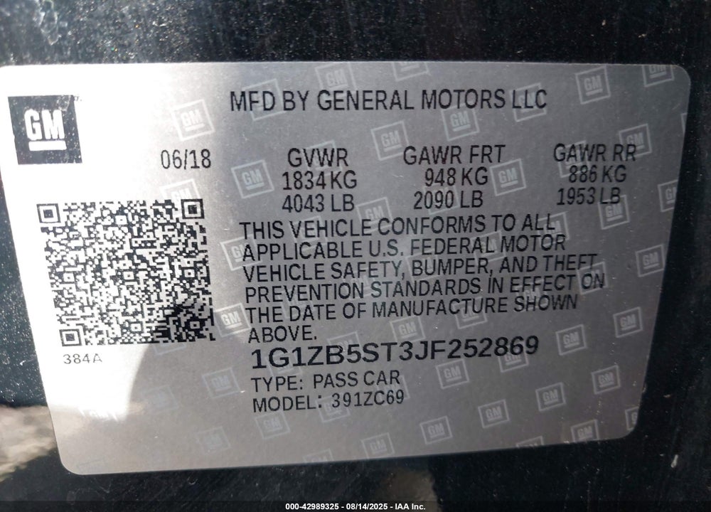 2018 CHEVROLET MALIBU VIN: 1G1ZB5ST3JF252869