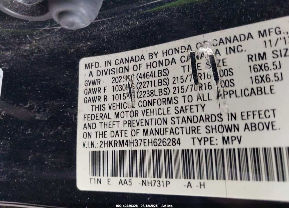 2014 HONDA CR-V VIN: 2HKRM4H37EH626284