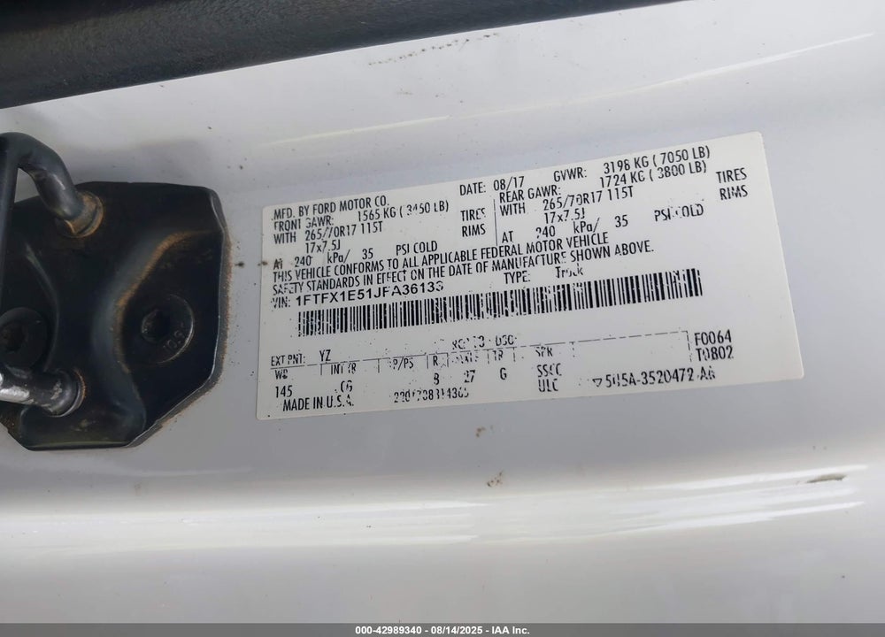 2018 FORD F-150 VIN: 1FTFX1E51JFA36133