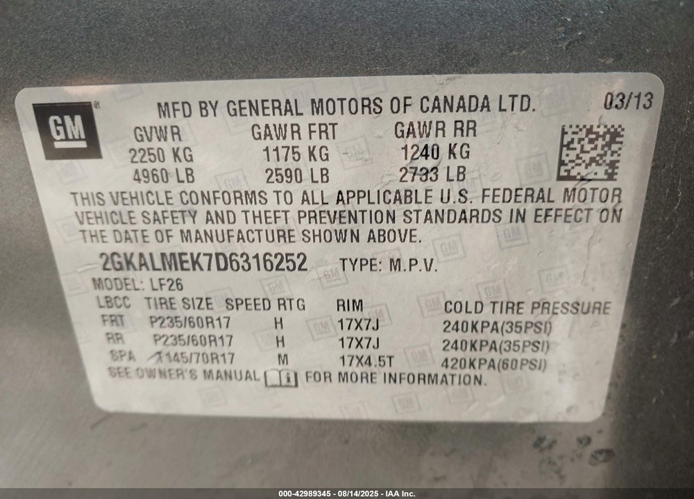 2013 GMC TERRAIN VIN: 2GKALMEK7D6316252