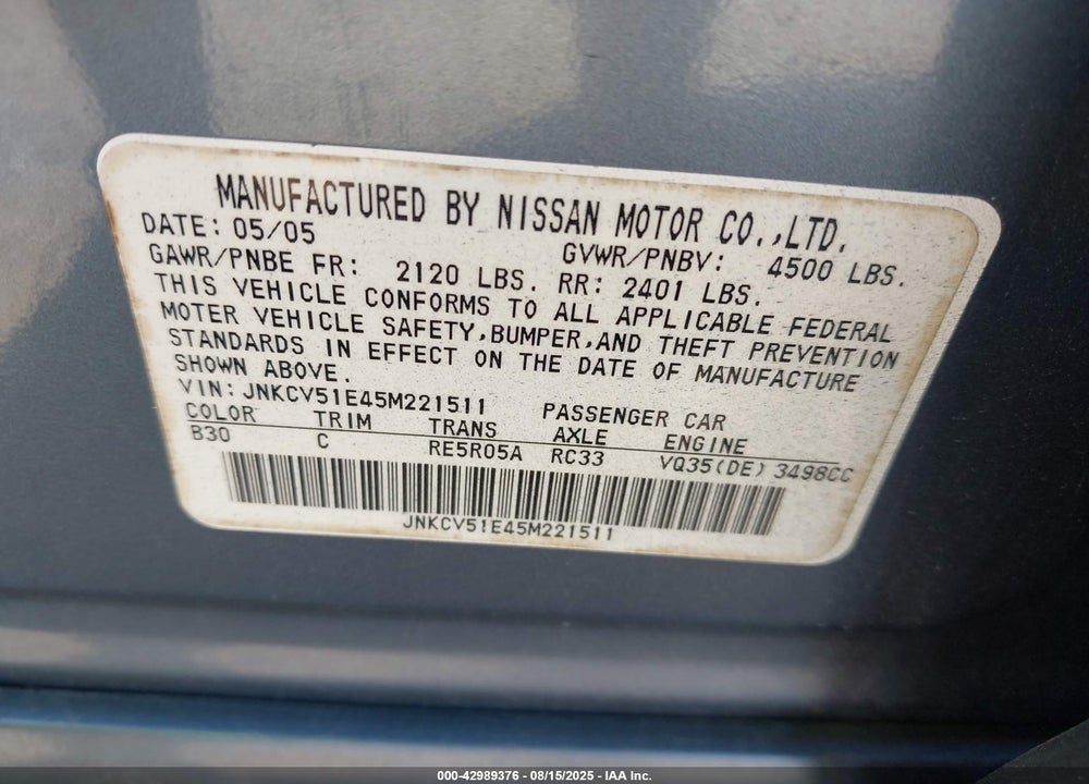 2005 INFINITI G35 VIN: JNKCV51E45M221511