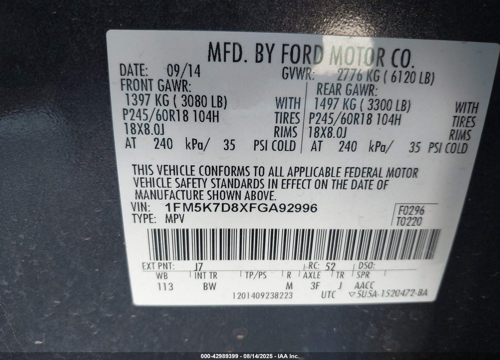 2015 FORD EXPLORER VIN: 1FM5K7D8XFGA92996