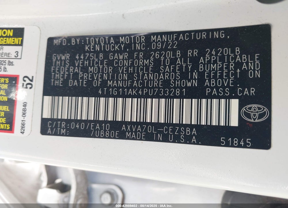 2023 TOYOTA CAMRY VIN: 4T1G11AK4PU733281