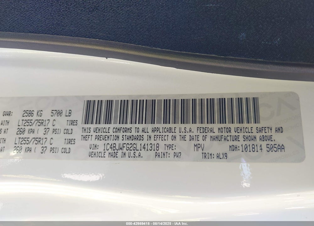 2016 JEEP WRANGLER UNLIMITED VIN: 1C4BJWFG2GL141318