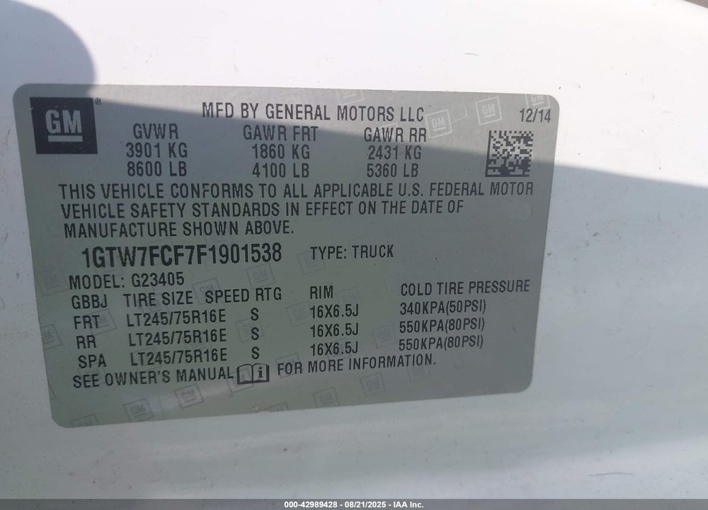 2015 GMC SAVANA 2500 WORK VAN VIN: 1GTW7FCF7F1901538