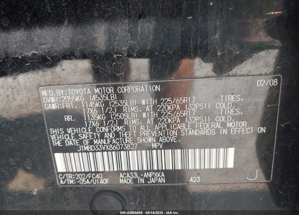 2008 TOYOTA RAV4 VIN: JTMBD33VX86073827