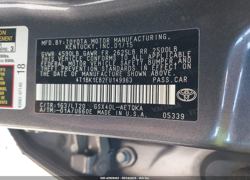 2015 TOYOTA AVALON VIN: 4T1BK1EB2FU149963
