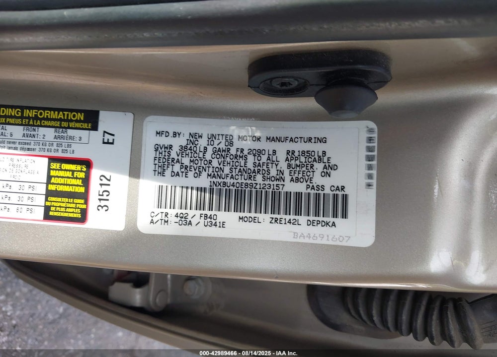 2009 TOYOTA COROLLA VIN: 1NXBU40E89Z123157