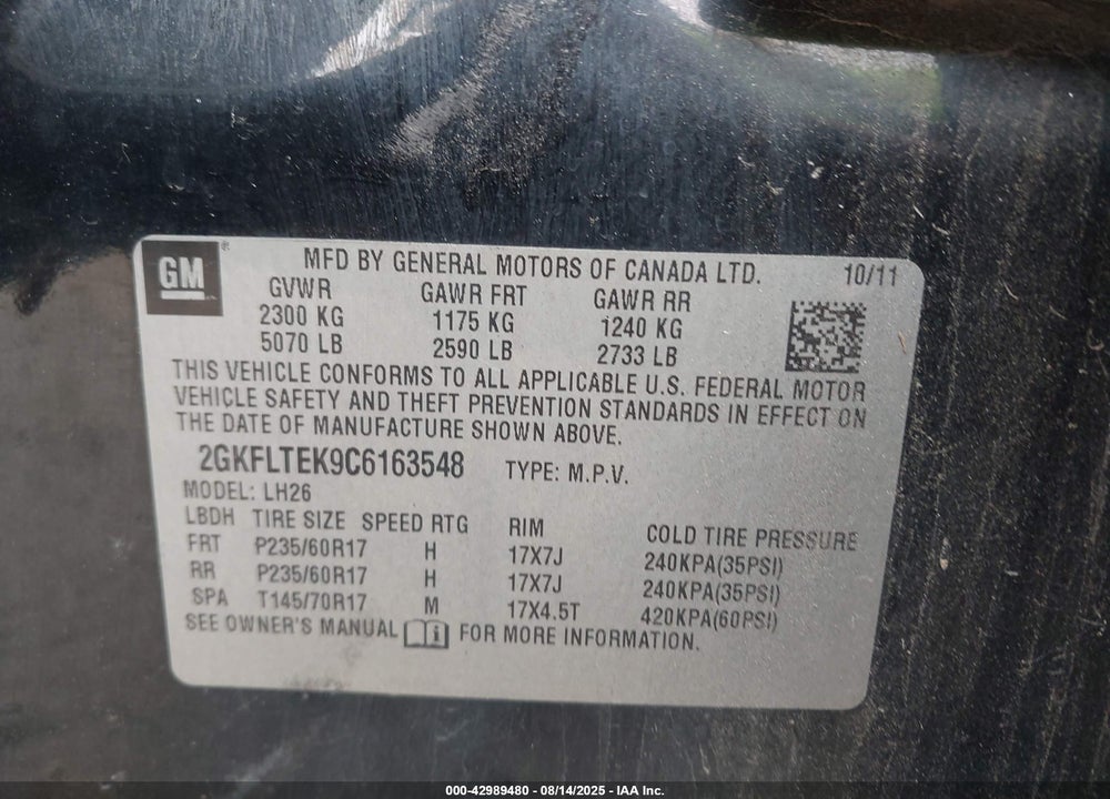 2012 GMC TERRAIN SLE-2 VIN: 2GKFLTEK9C6163548