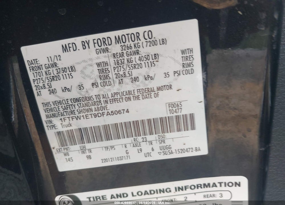 2013 FORD F-150 VIN: 1FTFW1ET9DFA50674