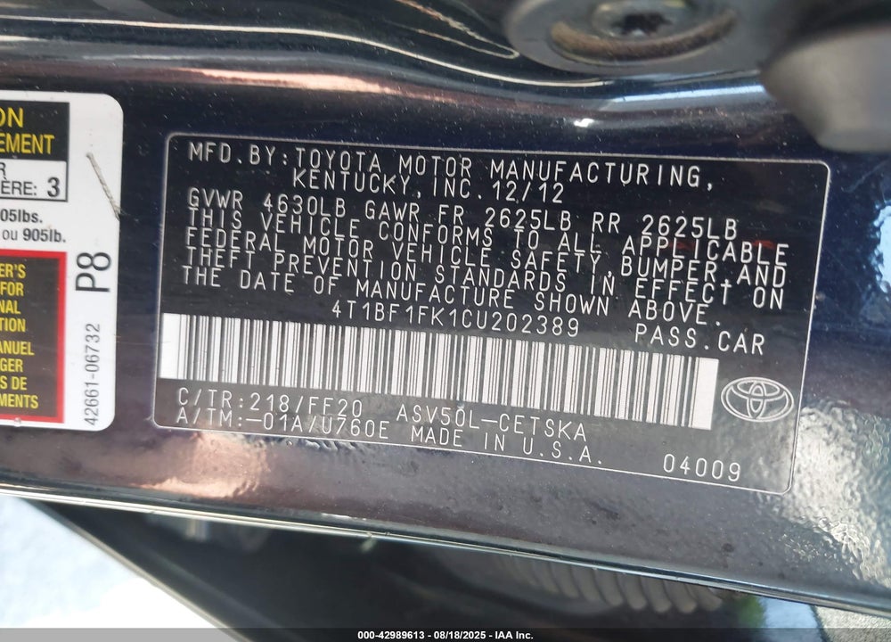 2012 TOYOTA CAMRY VIN: 4T1BF1FK1CU202389