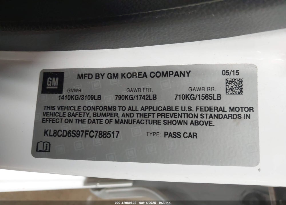 2015 CHEVROLET SPARK VIN: KL8CD6S97FC788517