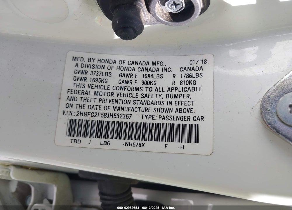 2018 HONDA CIVIC VIN: 2HGFC2F58JH532367