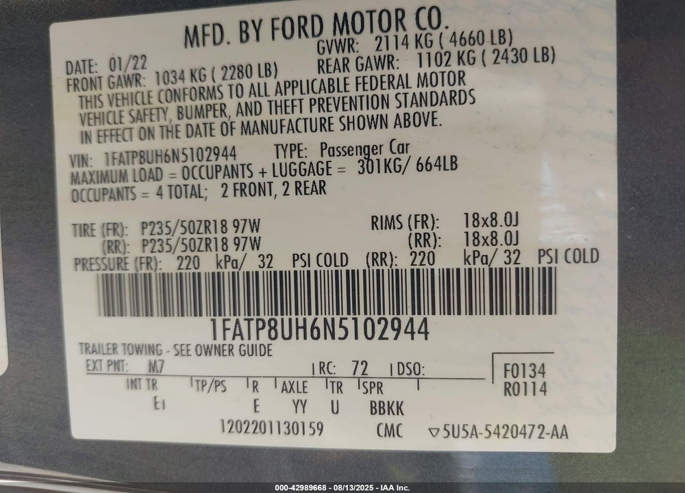 2022 FORD MUSTANG VIN: 1FATP8UH6N5102944