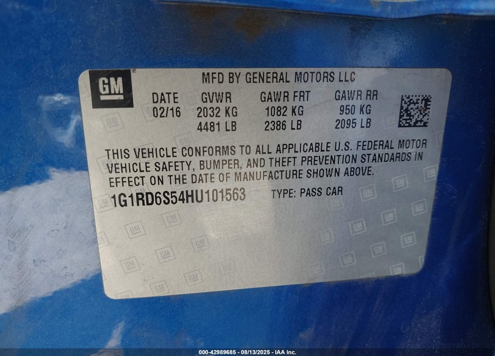 2017 CHEVROLET VOLT VIN: 1G1RD6S54HU101563