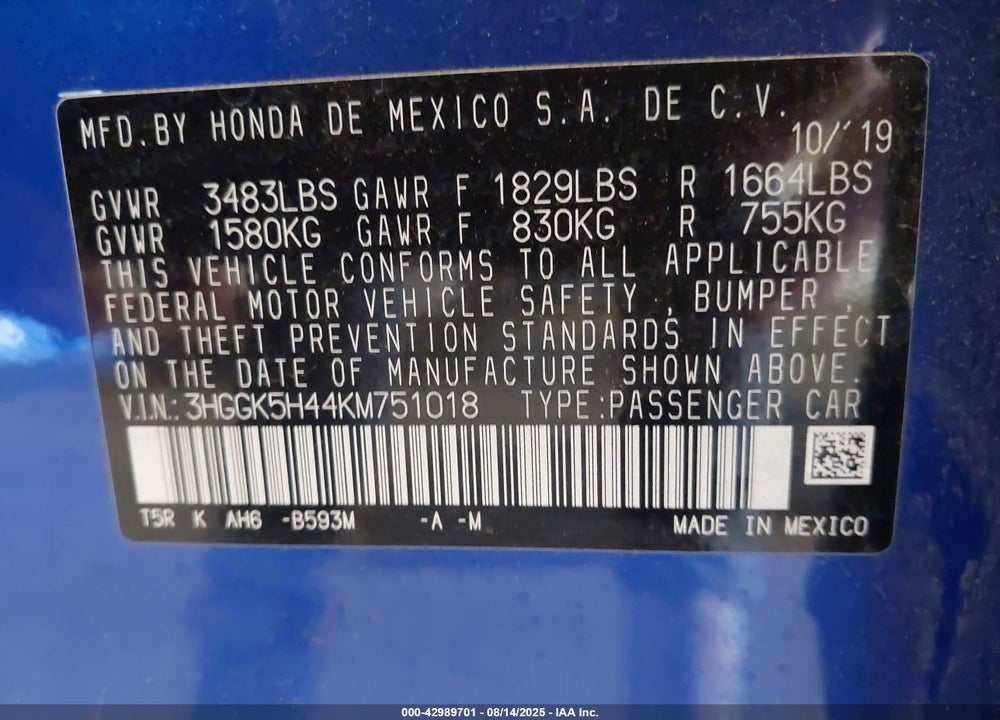 2019 HONDA FIT VIN: 3HGGK5H44KM751018