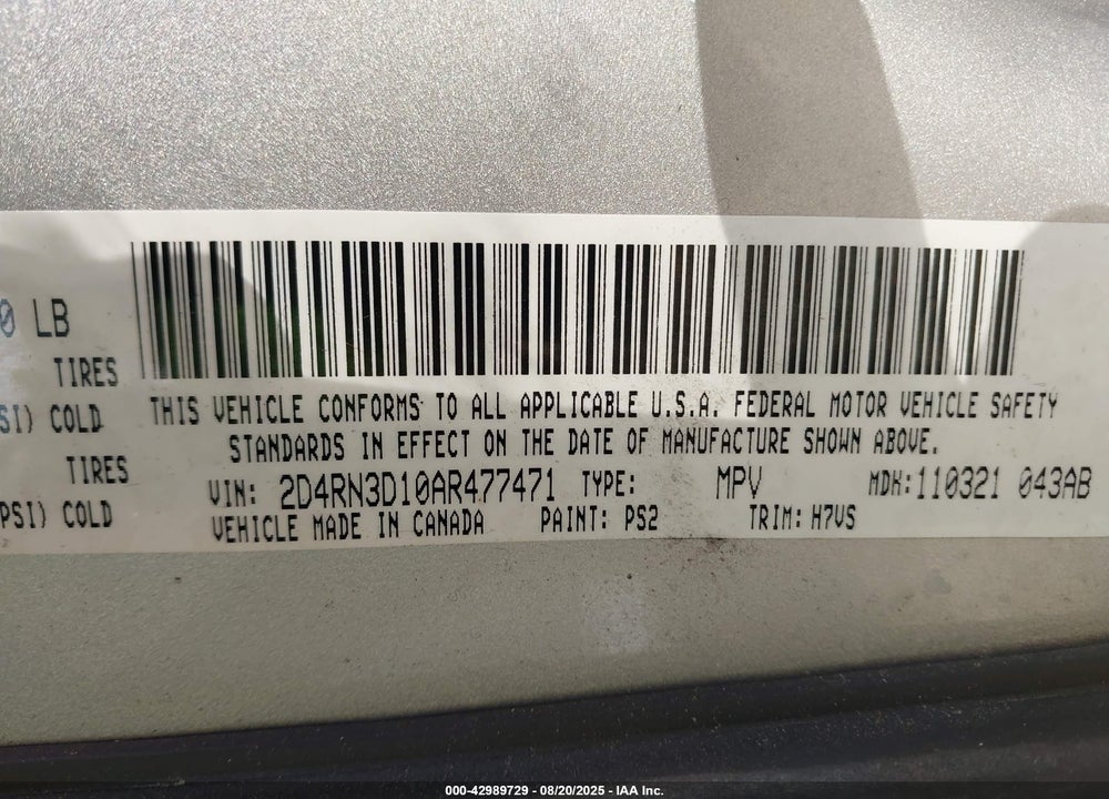 2010 DODGE GRAND CARAVAN VIN: 2D4RN3D10AR477471