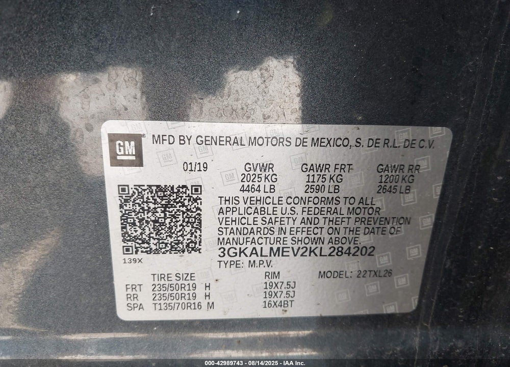 2019 GMC TERRAIN VIN: 3GKALMEV2KL284202
