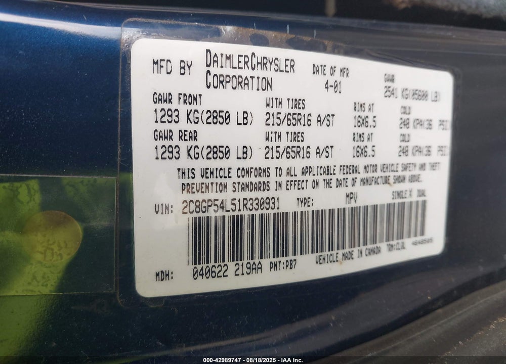 2001 CHRYSLER TOWN & COUNTRY LXI VIN: 2C8GP54L51R330931