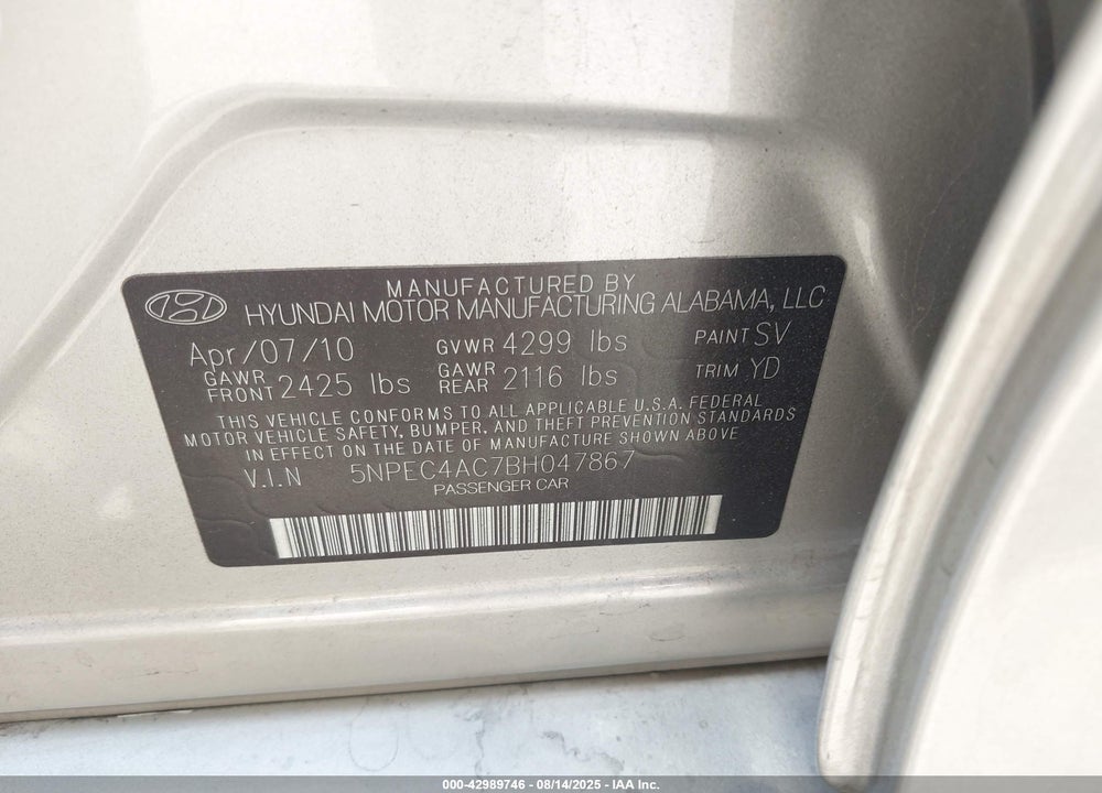 2011 HYUNDAI SONATA VIN: 5NPEC4AC7BH047867