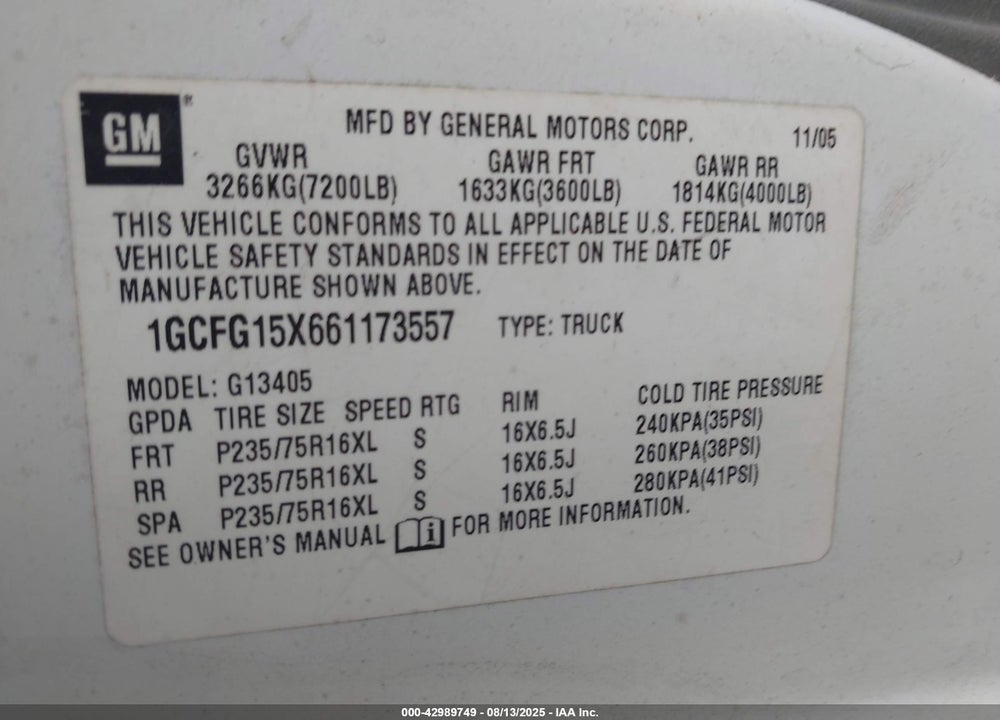 2006 CHEVROLET EXPRESS WORK VAN VIN: 1GCFG15X661173557