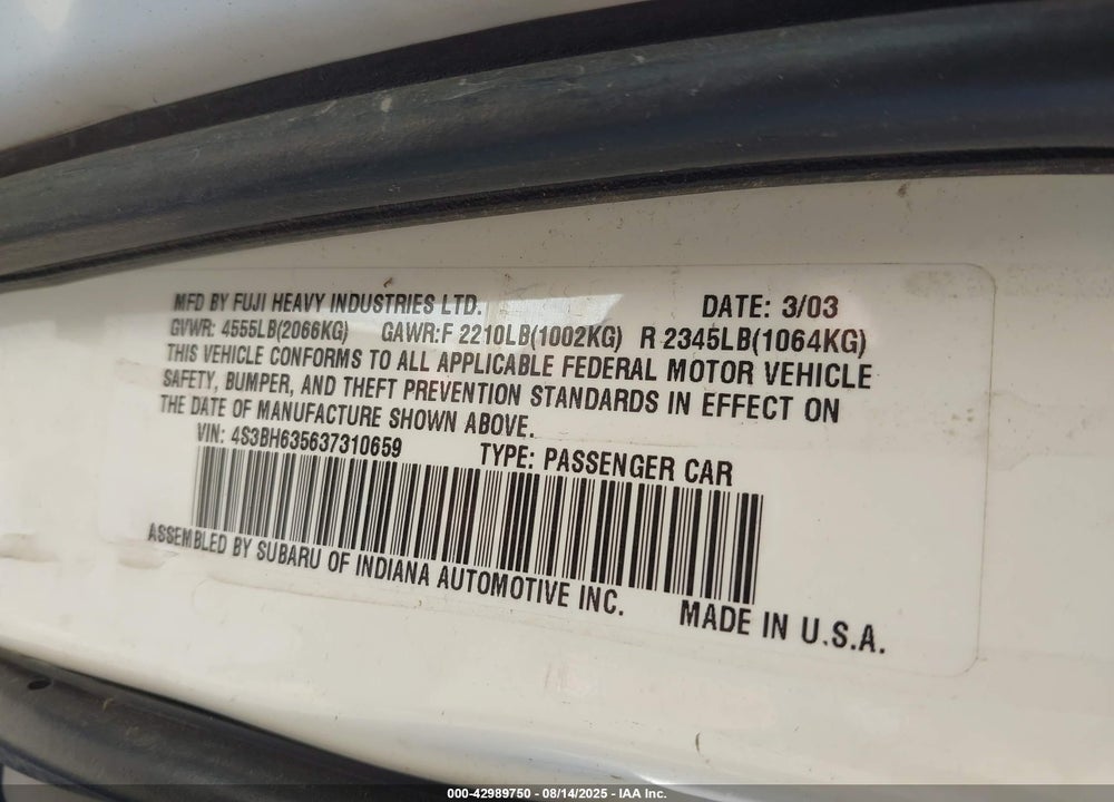 2003 SUBARU LEGACY L/L W/SPECIAL EDITION PACKAGE VIN: 4S3BH635637310659