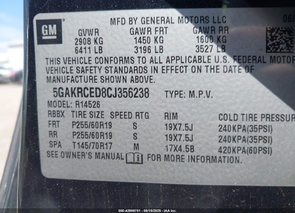 2012 BUICK ENCLAVE VIN: 5GAKRCED8CJ356238
