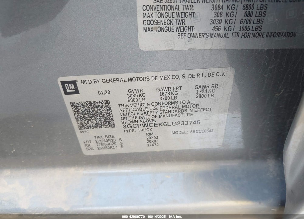 2020 CHEVROLET SILVERADO 1500 VIN: 3GCPWCEK6LG233745