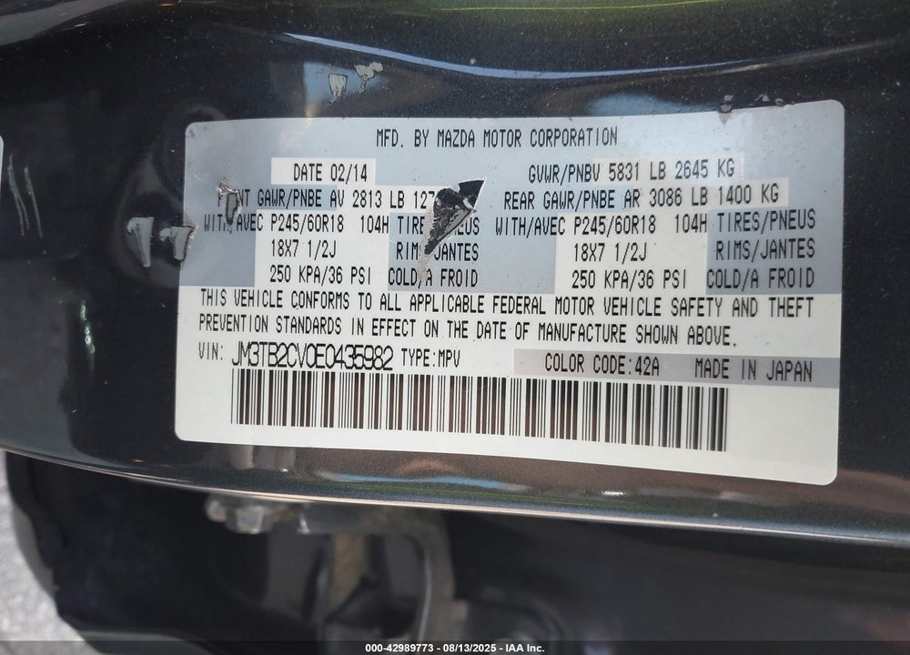 2014 MAZDA CX-9 TOURING VIN: JM3TB2CV0E0435982