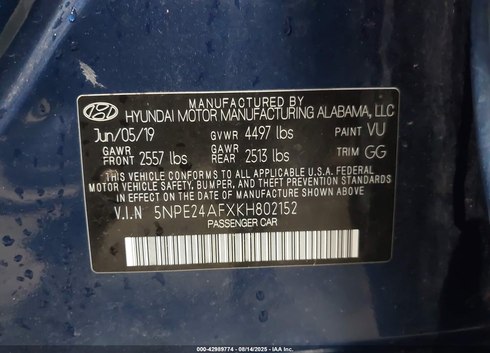 2019 HYUNDAI SONATA SE VIN: 5NPE24AFXKH802152