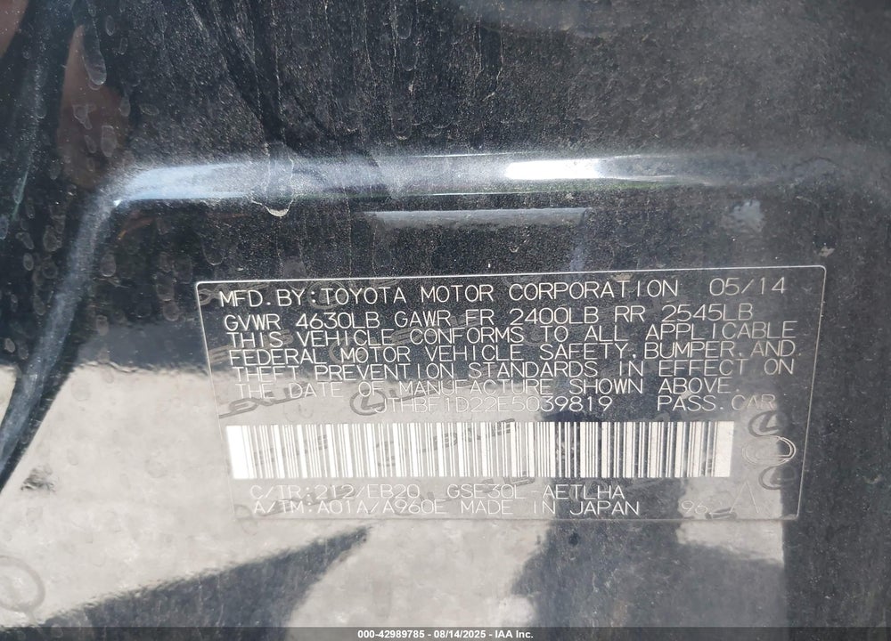 2014 LEXUS IS 250 VIN: JTHBF1D22E5039819