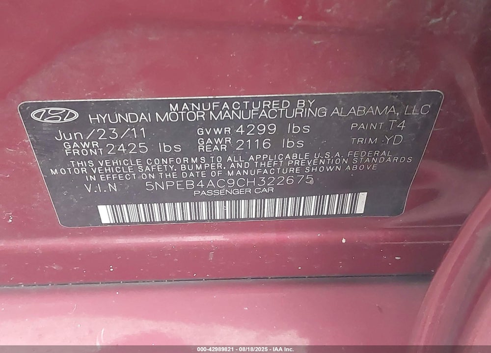 2012 HYUNDAI SONATA GLS VIN: 5NPEB4AC9CH322675
