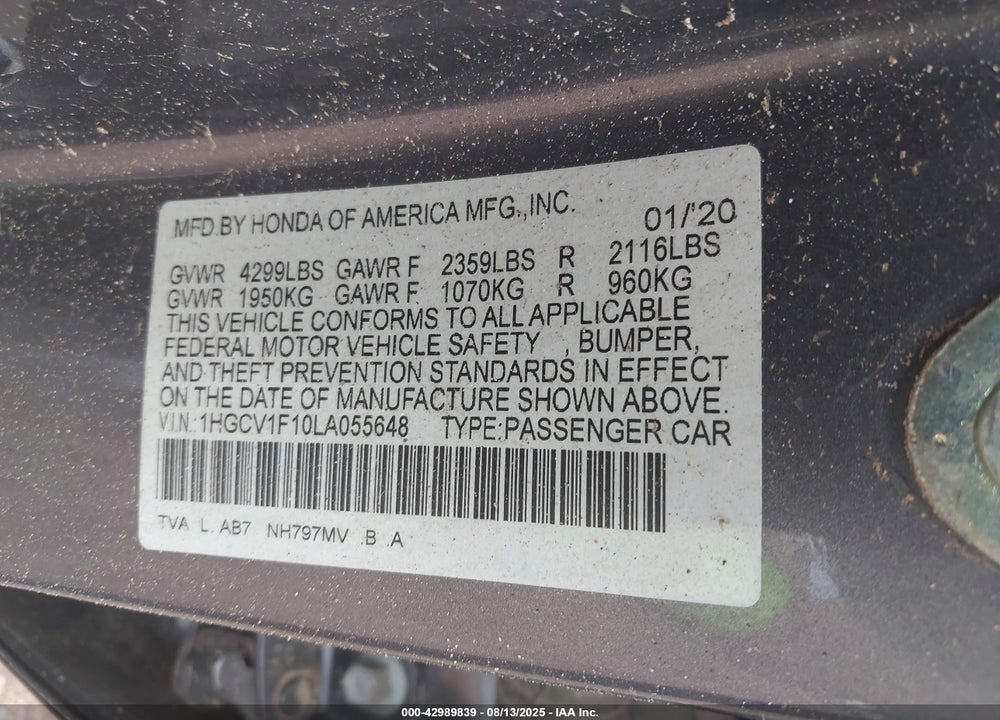 2020 HONDA ACCORD LX VIN: 1HGCV1F10LA055648