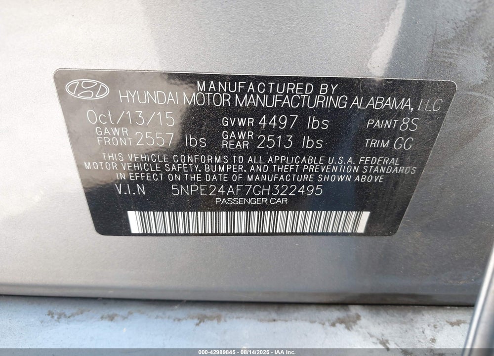 2016 HYUNDAI SONATA SE VIN: 5NPE24AF7GH322495