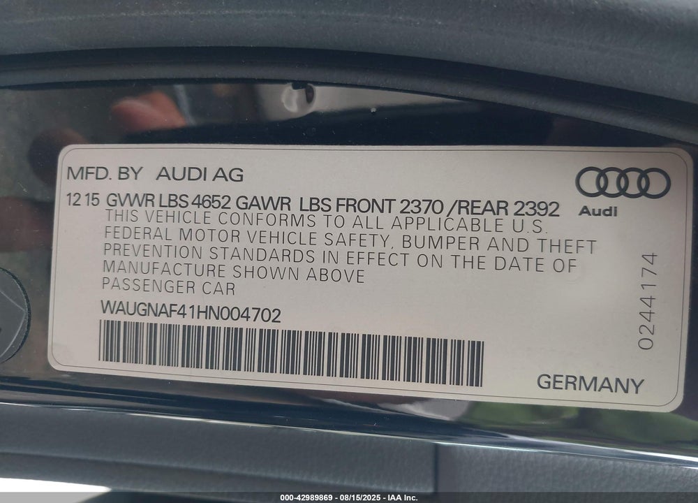 2017 AUDI A4 VIN: WAUGNAF41HN004702