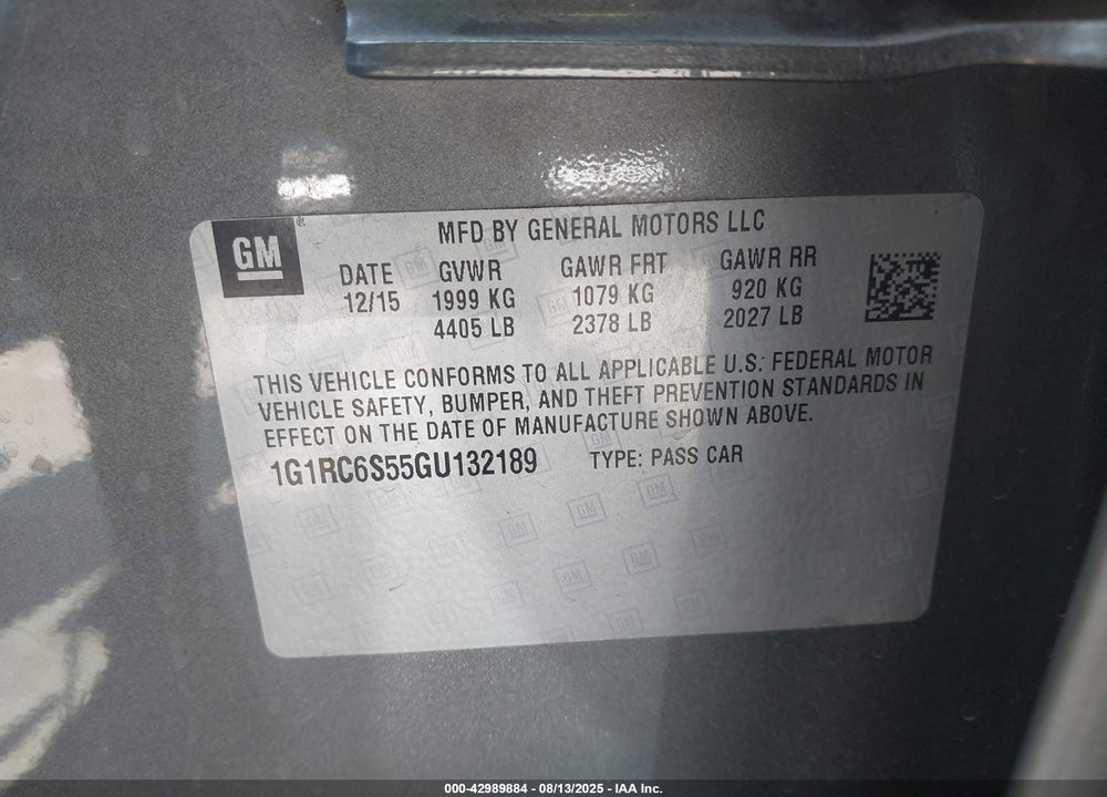 2016 CHEVROLET VOLT VIN: 1G1RC6S55GU132189