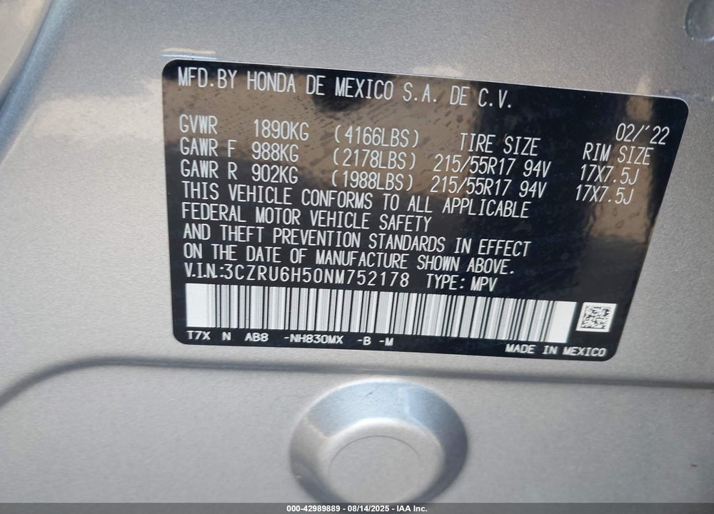 2022 HONDA HR-V VIN: 3CZRU6H50NM752178