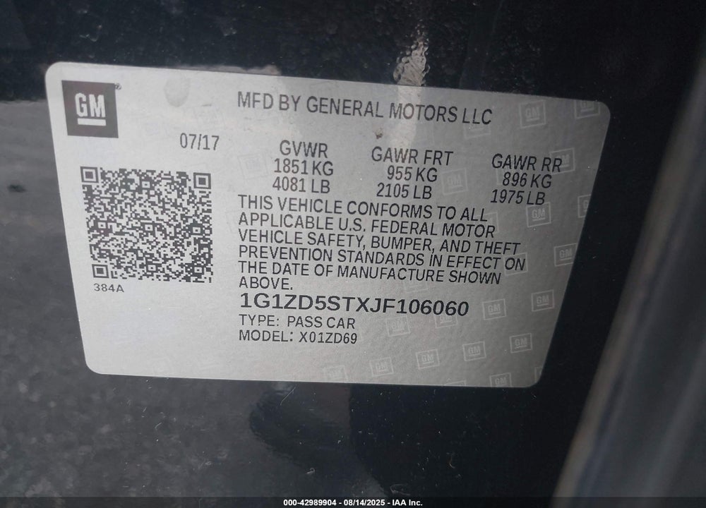 2018 CHEVROLET MALIBU VIN: 1G1ZD5STXJF106060