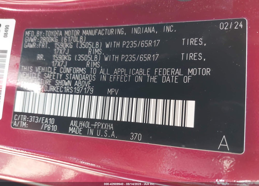 2024 TOYOTA SIENNA XLE VIN: 5TDJRKEC1RS197179