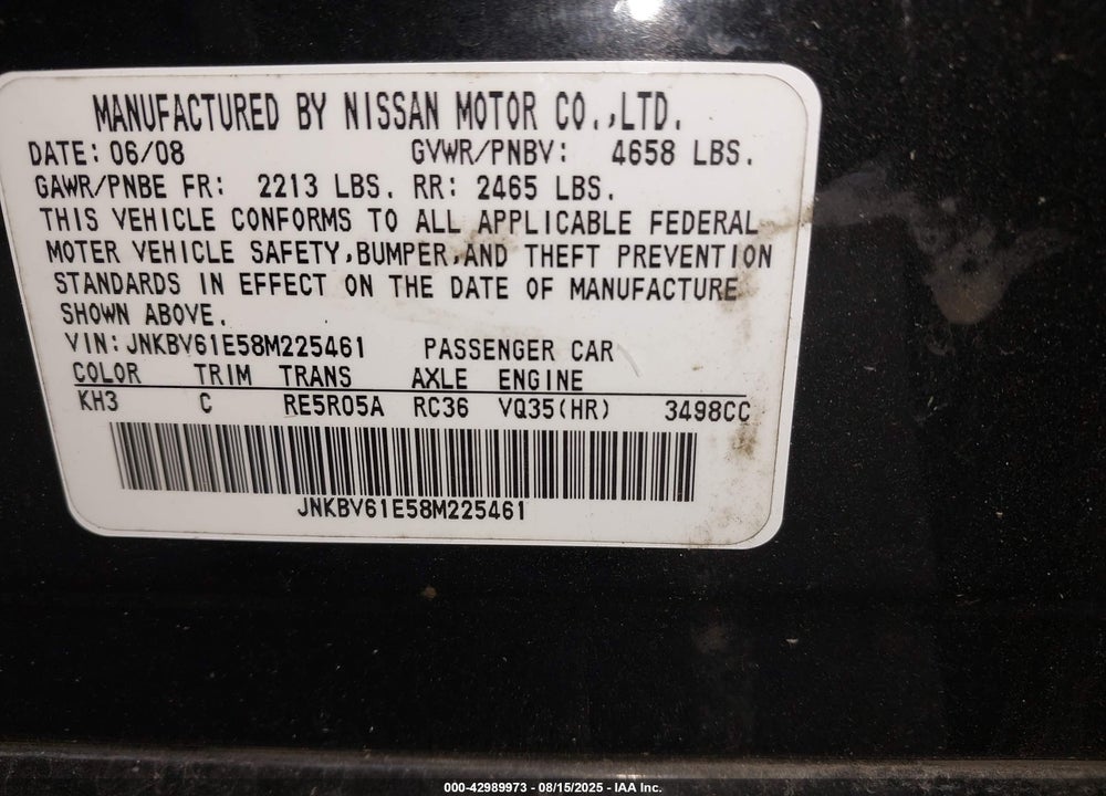 2008 INFINITI G35 JOURNEY VIN: JNKBV61E58M225461
