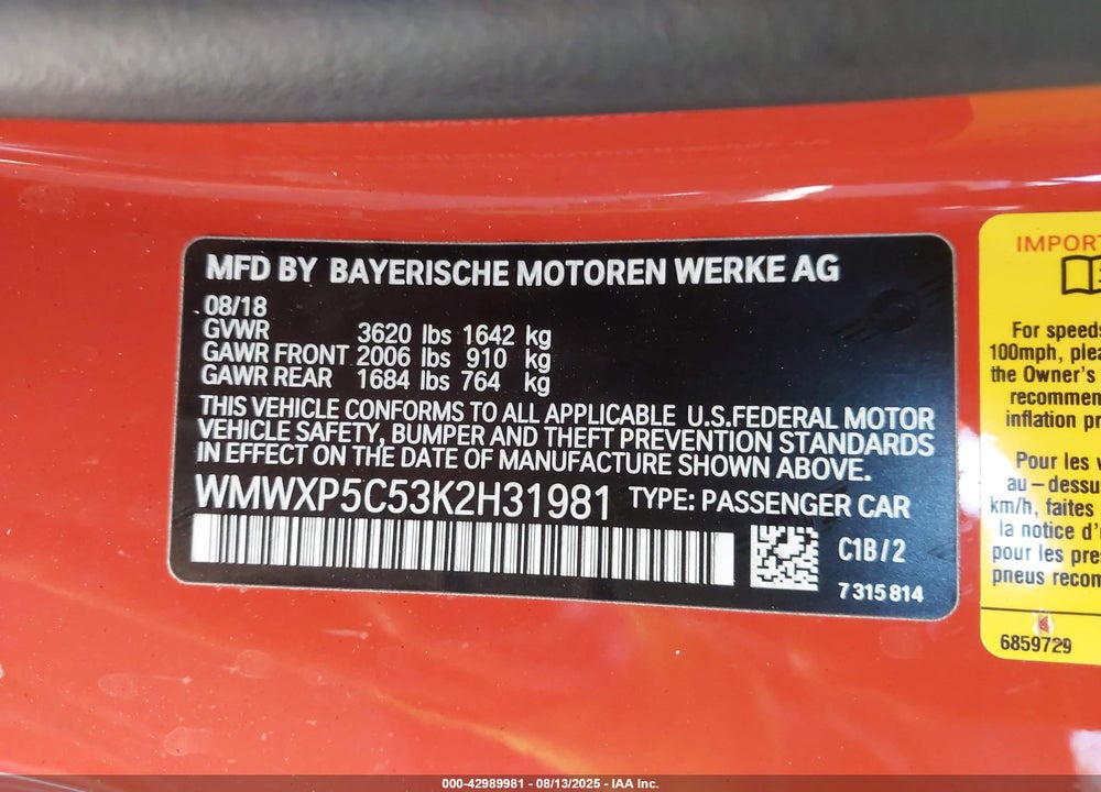 2019 MINI HARDTOP VIN: WMWXP5C53K2H31981
