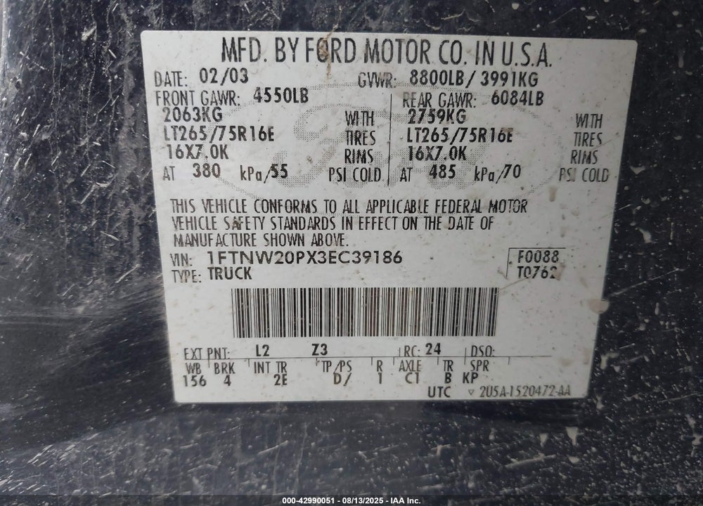 2003 FORD F-250 LARIAT/XL/XLT VIN: 1FTNW20PX3EC39186