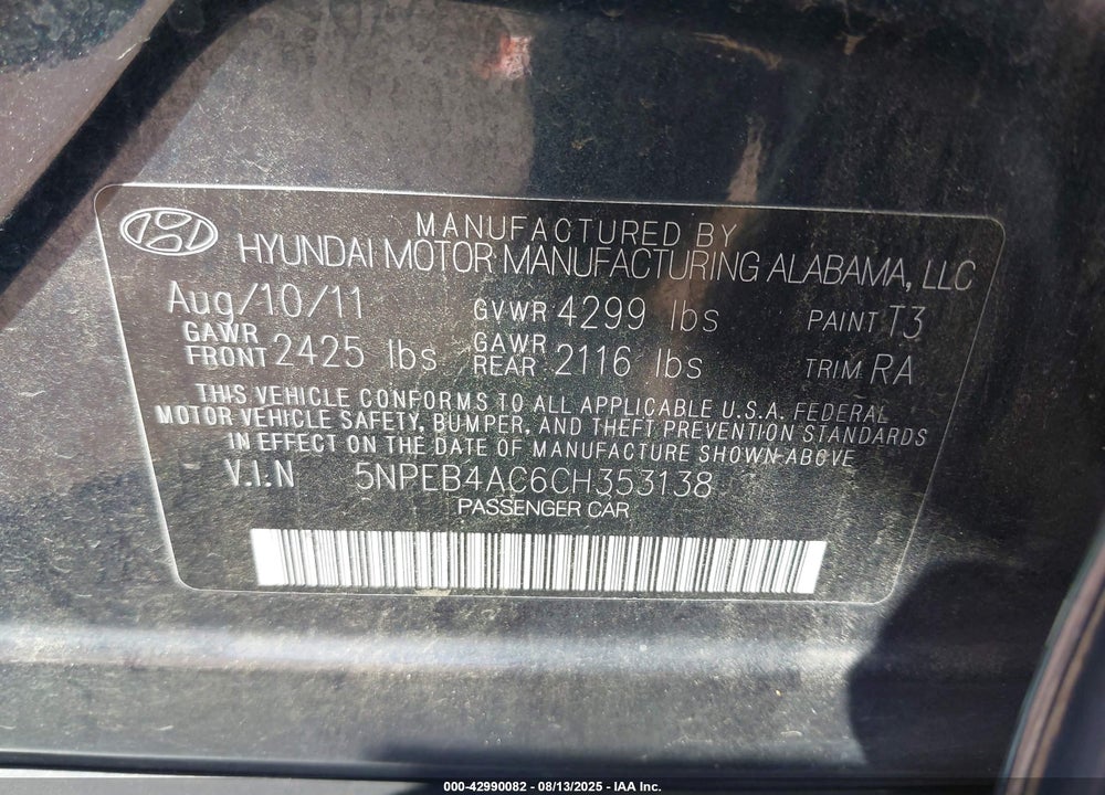 2012 HYUNDAI SONATA GLS VIN: 5NPEB4AC6CH353138