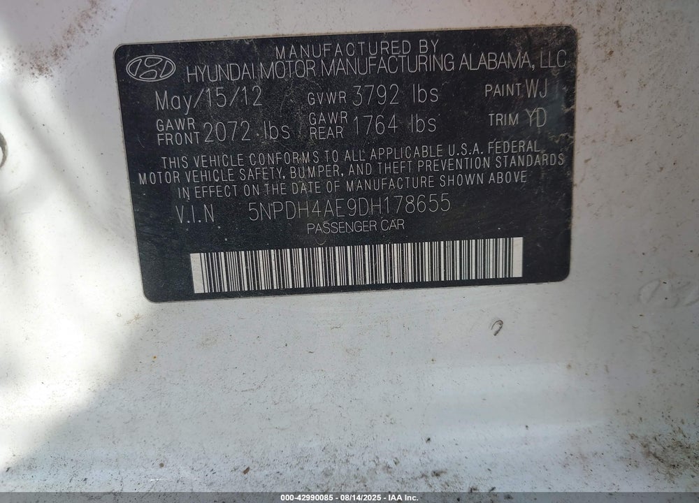 2013 HYUNDAI ELANTRA VIN: 5NPDH4AE9DH178655