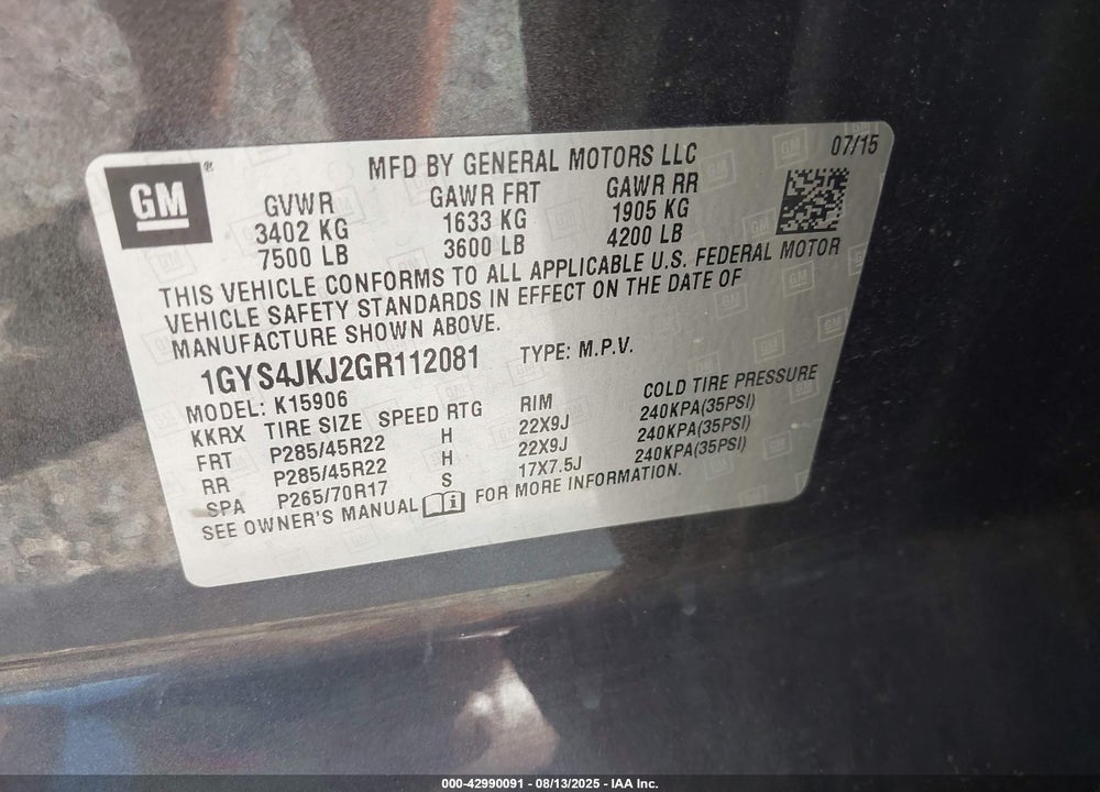 2016 CADILLAC ESCALADE ESV VIN: 1GYS4JKJ2GR112081